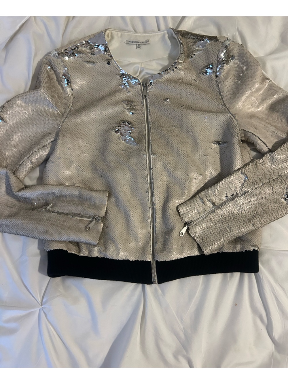 Rebecca Taylor Silver Sequin Zip Bomber Jacket